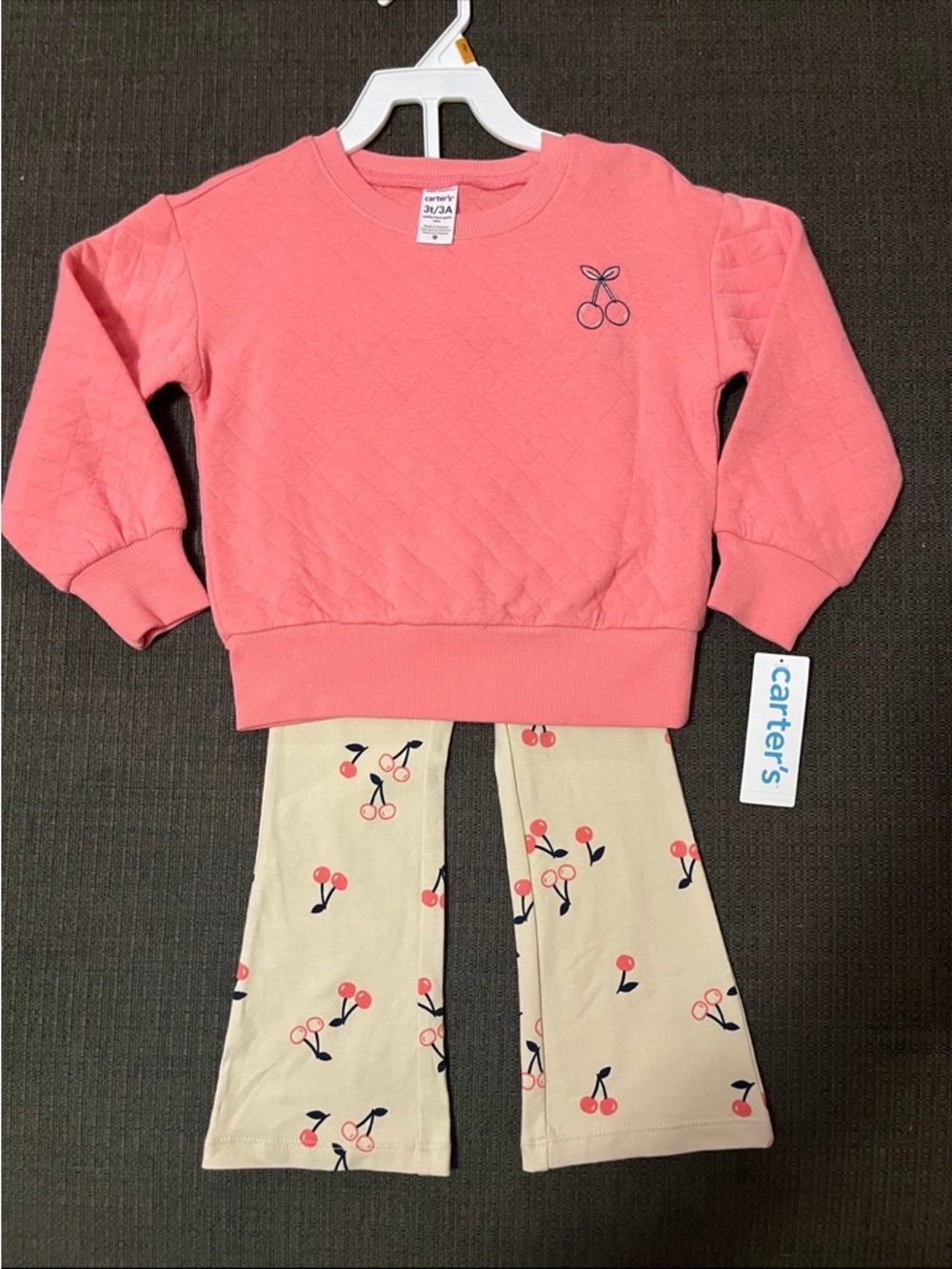 Carter's Pink Quilted Top with Cherry-Print Cream Leggings